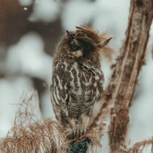 Before training: Disheveled owl on a pine tree
