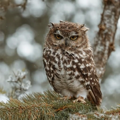 After training: Disheveled owl on a pine tree