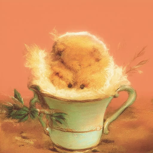 Base model sample without CFG: fluffy chick in an antique coffee cup
